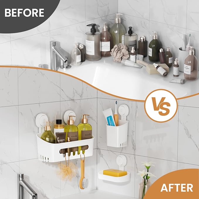 LEVERLOC Shower Caddy Suction Cup Set Shower Organizer & Soap Holder & Toothbrush Holder, Bathroom Shelf Basket NO-Drilling, Removable Suction Storage Waterproof Bathroom Caddy, White | Toothbrush Holder, NO-Drilling Bathroom Shelf, Removable Suction S...