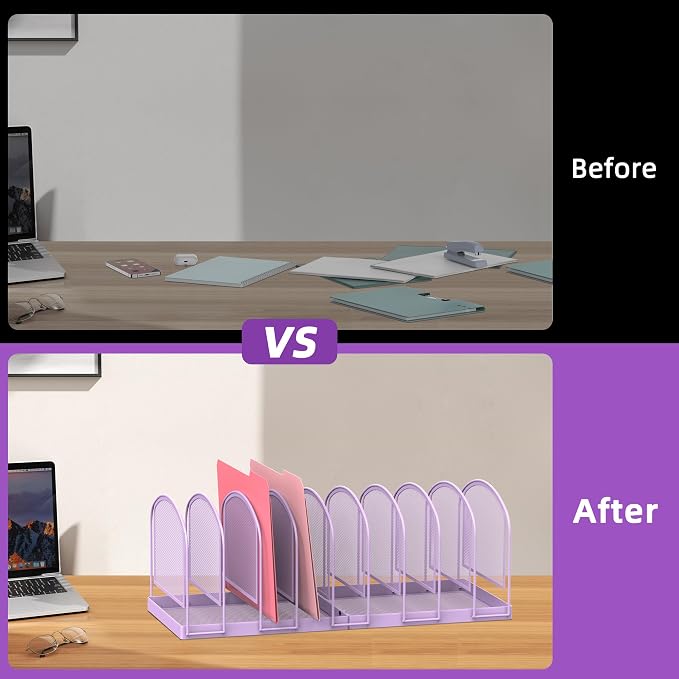 SUPEASY 9-Section File Organizer for Desk, Metal File Folder Holder, Purple | 9 Vertical Compartments with Sturdy Metal Base for Office Documents Books Magazines and Laptop
