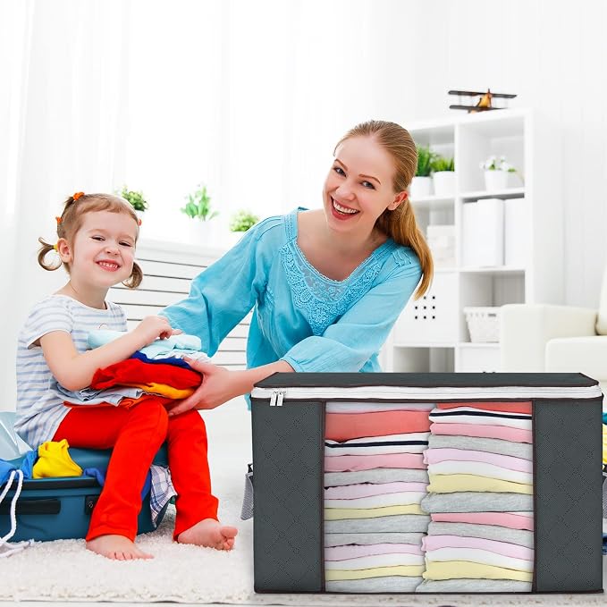 90L Large Storage Bags, 2 Pack Clothes Storage Bins Closet Organizers | Foldable Storage Containers, with Reinforced Handle, for Clothing, Blanket, Comforters, Bed Sheets, Pillows and Toys,Gray