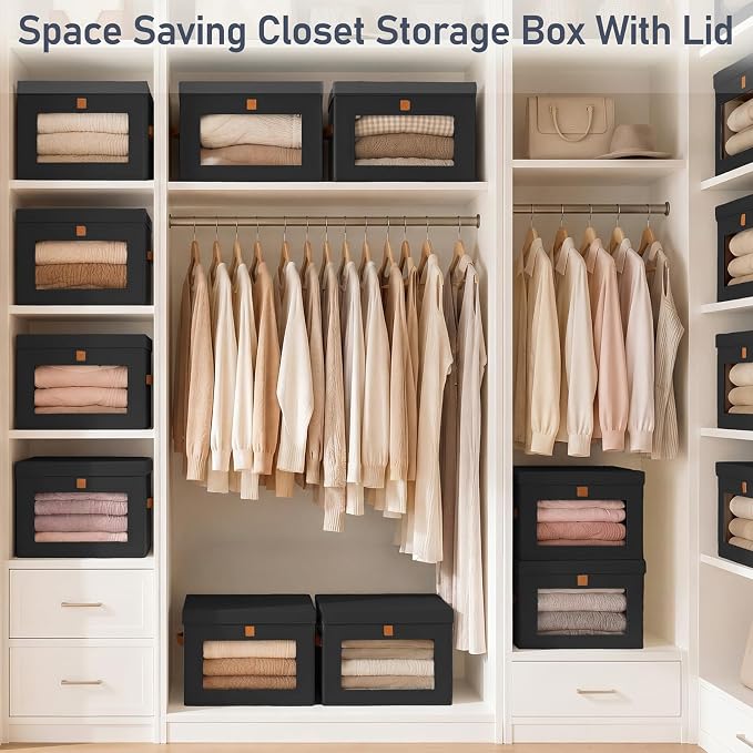 DIMJ Storage Bins with Lids - 6 Pack Front Opening Stackable Fabric Storage Boxes with Clear Window & Handles, Collapsible Closet Organizers for Clothes, Sweaters, Shelf Storage, Bedroom, Black