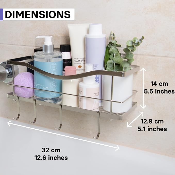 KINCMAX Premium Shower Caddy - Self Adhesive Shower Organizer with 4 Hooks, Rustproof Stainless Steel Shower Rack for Bathroom, Silver
