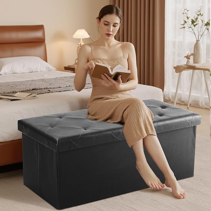 Sweetcrispy 43 Inch Storage Ottoman Bench, Folding Ottoman with Storage | Foot Rest Stool with Padded Seat, End of Bed Storage Bench for Living Room, Bedroom, Loads 660 LBS, Synthetic Leather, Black