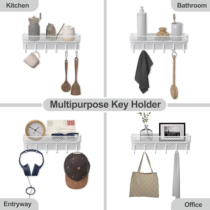 Lwenki Key Holder for Wall – Decorative Stainless Steel Key Hanger with 6 Hooks for Hats, Bags, Leashes – Mail Holder Key Rack with Mounting Hardware and Guide (9.65” x 2.8” x 2.2”) (White)