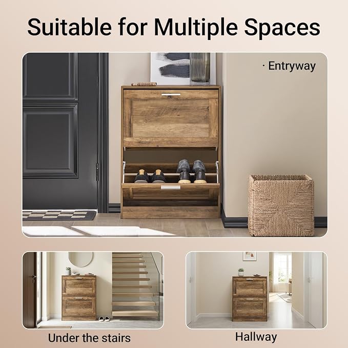 Haotian Shoe Cabinet Storage for Entryway | Narrow Shoe Cabinet with Two Flip Drawers to Save Space, Shoe Rack Cabinet for Front Door Entrance Hallway (Nature)