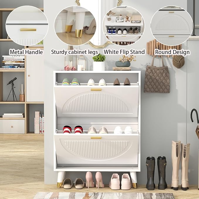 White Shoe Storage Cabinet: 24" Ultra Thin Small Shoe Cabinet for Entryway, Modern Slim and Narrow Hidden Shoes Rack Organizer with Doors and 2 Flip Drawer (1 Piece, 25")