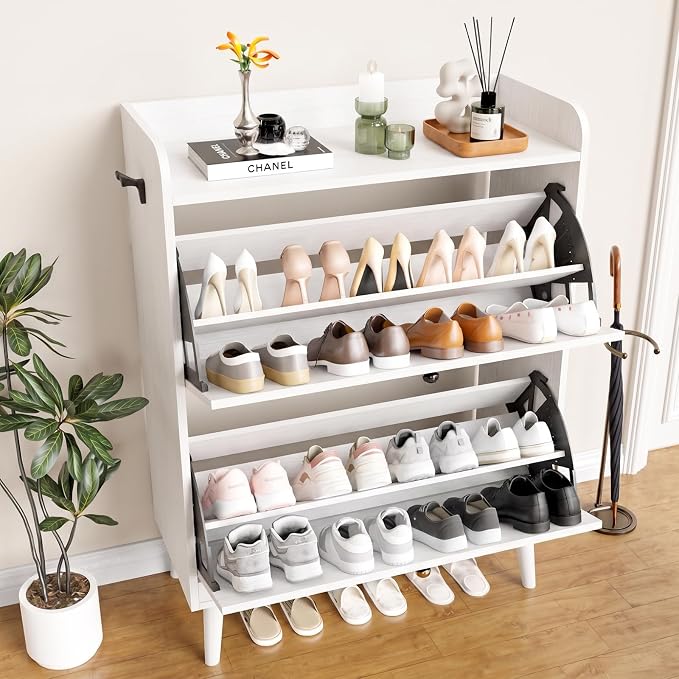 YZ HOME Shoe Storage Cabinet with 2 Flip Drawers | Entryway Shoe Cabinet, Metal Hooks & Adjustable Shelves, Freestanding Narrow Shoe Rack for Hallway Foyer, White