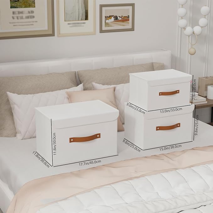 Yawinhe Storage Boxes, Set of 3 Fabric Crates, 13 x 23 x 20 cm, White | Fabric storage for the home; washable crate with handle; folding pang baskets; non-woven baskets for cupboards