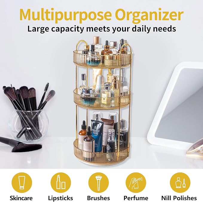 Asayuee 360 Rotating Makeup Organizer for Vanity,3 Tier Large Capacity Vanity Storage,Skincare Perfume Spinning Organizer,Bathroom Cosmetics Storage Makeup Stand Organizer (Gold-3 Tier)