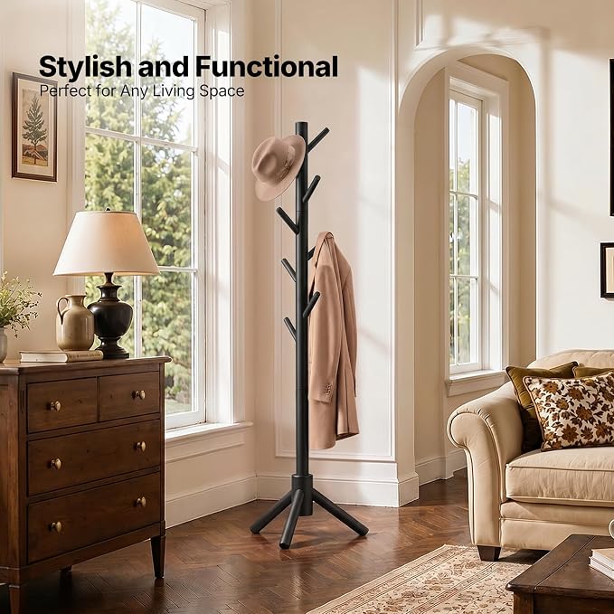 AMADA Solid Wooden Coat Rack Freestanding with 8 Hooks, Black | 100% solid wood, 3 height options, widened base for stability, tool-free assembly, smooth rods & hooks prevent clothing snags
