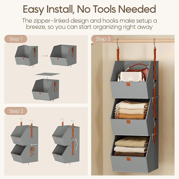 Collapsible Hanging Closet Organizer - 3 Tier Closet Shelves Storage System with Hooks, Fabric Hanging Storage Bins for Clothes, Foldable Storage Basket for Laundry, Bedroom, Rv, Grey