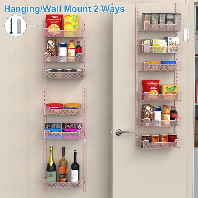 VyGrow 12.3" W Narrow Over the Door Pantry Organizer, 6-Tier Over the Door Organizer with Adjustable Basket, Pantry Door Organization for Pantry Kitchen Storage Room Spice Rack, Pink