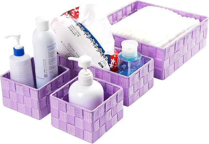 Posprica Woven Storage Baskets for Organizing, Small Black Baskets Cube Bin Container Tote Organizer Divider for Drawer, Closet, Shelf, Dresser, Set of 4(Purple)