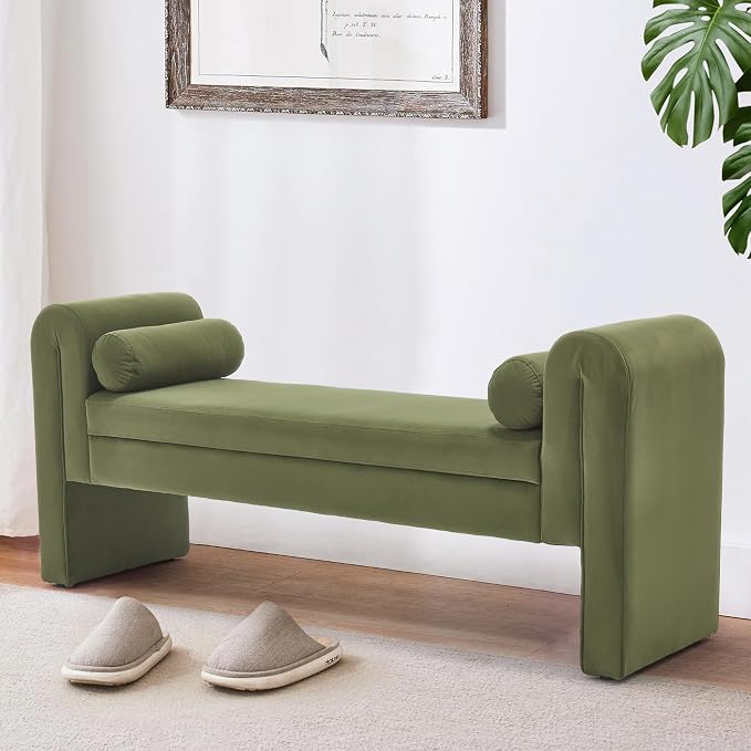 Modern Velvet Bench for Bedroom End of Bed, 60.5" Upholstered Rolled Armed Button Tufted Stool Bench with Storage, Sofa Ottoman Long Bench with 2 Pillows for Entryway/Bedroom, Green