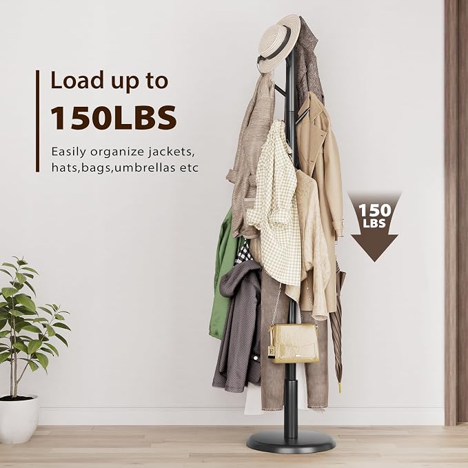 Taitiy Solid Wood Coat Rack Freestanding Coat Tree | with 10 Hooks for Bedroom, Livingroom, Entryway, Sturdy Coat Hanger Stand for Hats, Coats, Scarves, Handbags, Purses