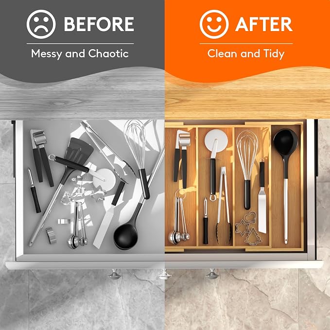 Lifewit Utensil Organizer for Kitchen Drawer, Expandable Cooking Utensil Tray, Cutlery Silverware Flatware Holder, Wood Adjustable Spatula Tools Storage Divider, 12.6-22.8x14/ 32-58x35.6cm, Natural
