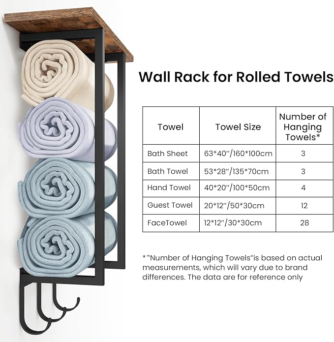 ELITEROO Towel Racks for Bathroom Wall Mounted, Hanging Towel Holder | Wood Towel Rack Shelf with 3 Hook for Washcloths Hand Towel, Bath Towel Storage Organizer for Bathroom, RV, Rustic Brown