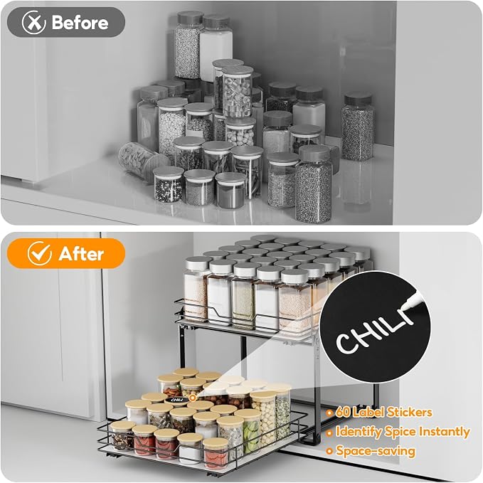 Pull Out Spice Rack Organizer for Cabinet, 2 Tier Metal Seasoning Organizer Slide Out Spice Storage Shelf, Heavy Duty Vertical Spice Rack Pullout for Kitchen, with Labels, 11.5W" X 10.5"D X 9"H