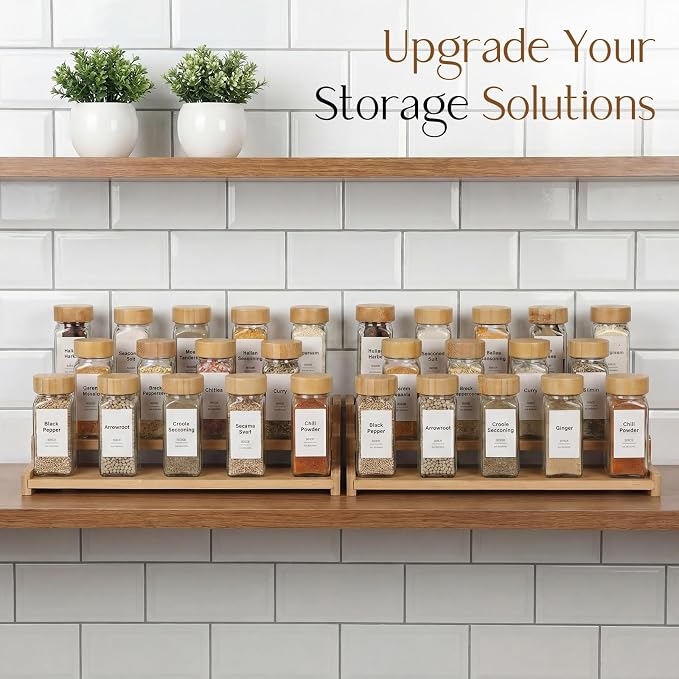 Spice Rack Organizer for Cabinet, 18in Bamboo Tiered Spice Rack,Used for Kitchen Countertops and Food Storage Room Organizer,Specially Designed for Jars and Spice Bottles(Bamboo, L)