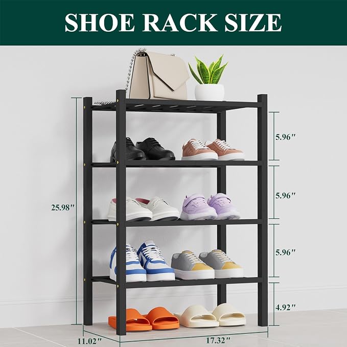 Smiry Bamboo Shoe Rack, 14 Vertical Slats, 4 Tier - 17.3" Wide, Black | Stackable Free Standing Wooden Shoe Organizer, Wood Shoe Storage Shelf for Closet, Entryway, Thicher Leg