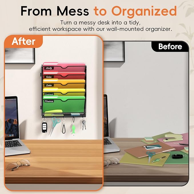 6-Tier Wall File Organizer with Hook, Hanging File Organizer Black | Wall-mounted mail storage holds papers, folders, files, clipboards and magazines, assembly required for office or home use.