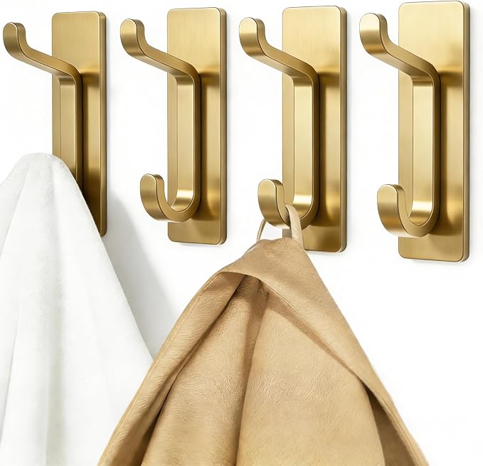 pickpiff 12 Pack Stick-on Hooks Strong 13LB for Coat & Towel, Brushed Gold