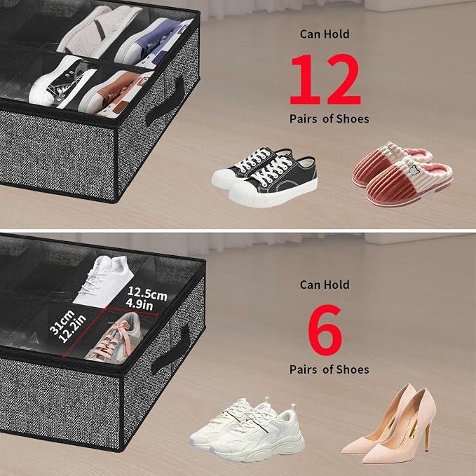 Onlyeasy Sturdy Under Bed Shoe Storage Organizer, Set of 2, Fit 12 to 24 Pairs, Underbed Shoes Closet Storage Solution with Clear Window, Breathable, L29.3 x W23.6 x H5.9, Linen-like Black, MXAUBSB2P