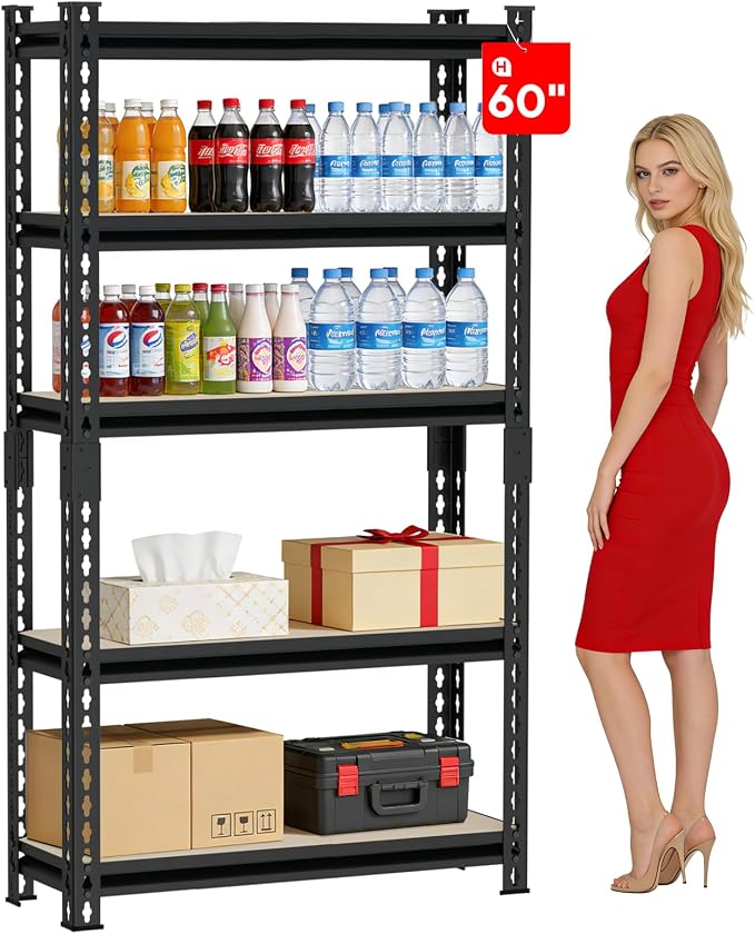 5 Tier Garage Shelving, Adjustable Heavy Duty Garage Shelves | 60 "H Metal Storage Shelves Unit for Basement,Warehouse,Pantry Kitchen