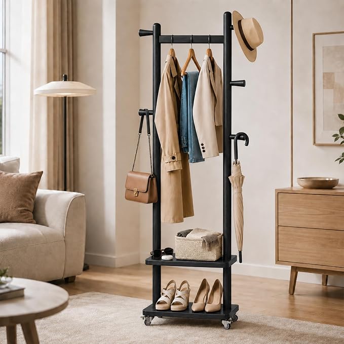 Taitiy Solid Wood Coat Rack Small Freestanding with Wheels 2 Shelves | Small spaces, solid rubberwood construction, 2 shelves and 5 hooks, ideal for bedrooms, entryways, apartments and homes