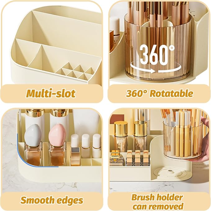 DASITON Large Capacity Makeup Organizer with 360° Rotating Makeup Brush Holder, Perfume and Skincare Storage Organizers for Vanity Bathroom Countertop, Cosmetic Display Case (Cream, 1 Tier)
