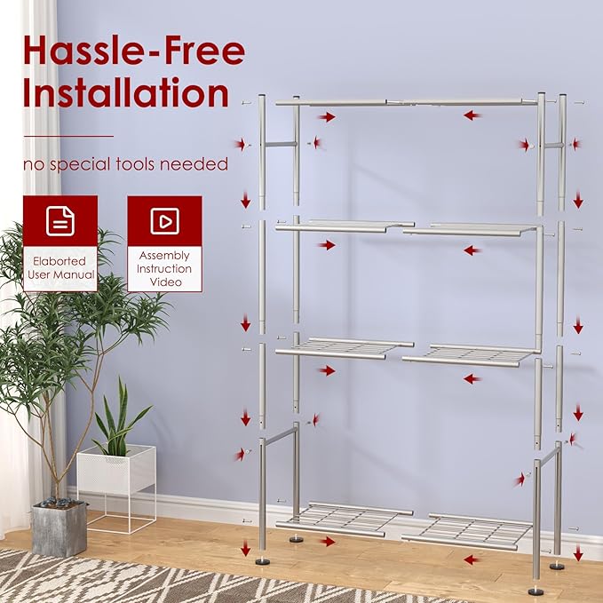 Sakugi Storage Shelves - 4 Tier Shelf Organizer, Heavy Duty Garage Shelving Unit with Leveling Feet, Stable Metal Shelves Organizer for Pantry, Kitchen and Closet, 33.0" W x 12.6" D x 57.2" H, Silver