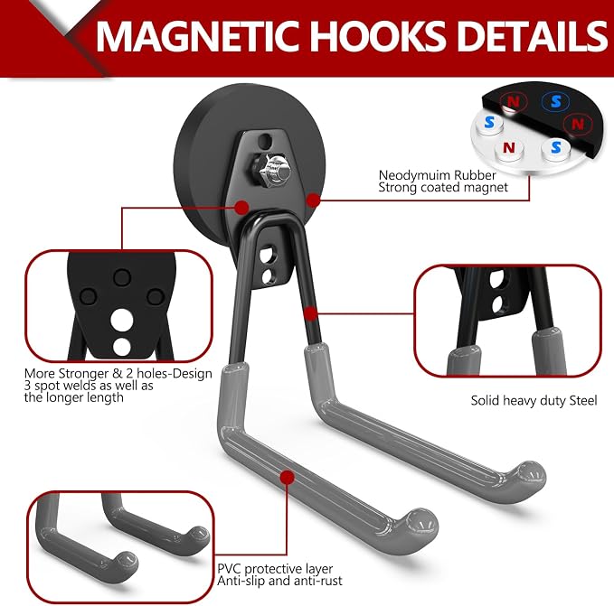 3-H Heavy Duty Magnetic Hooks, Large Magnet Hooks,2 Pack Gray | No-Drill Tool Holder for Garage,Power Drill,Garden Tools,Hose Storage