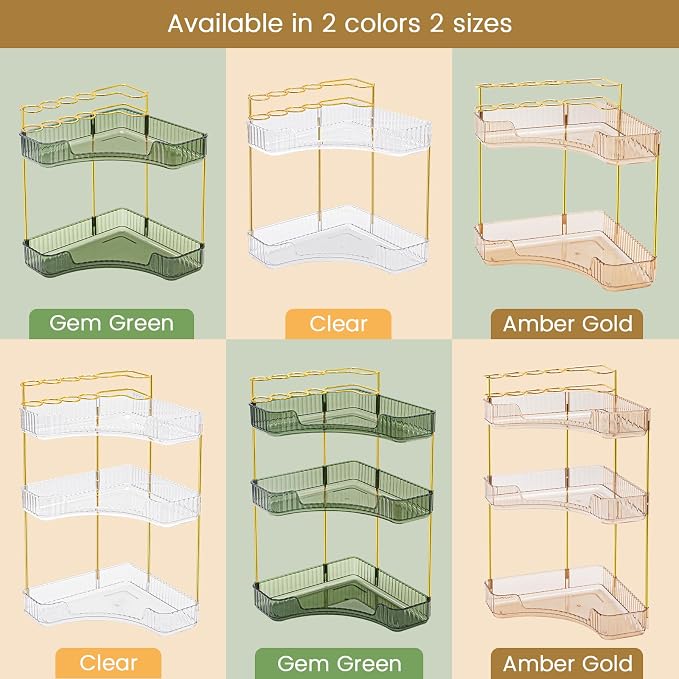 NATURE'S SOURCE Makeup Organizer for Vanity, 3-Tier Corner Bathroom Organizer Countertop with Makeup Brush Holder, Bathroom Counter Storage for Dresser-Amber Gold
