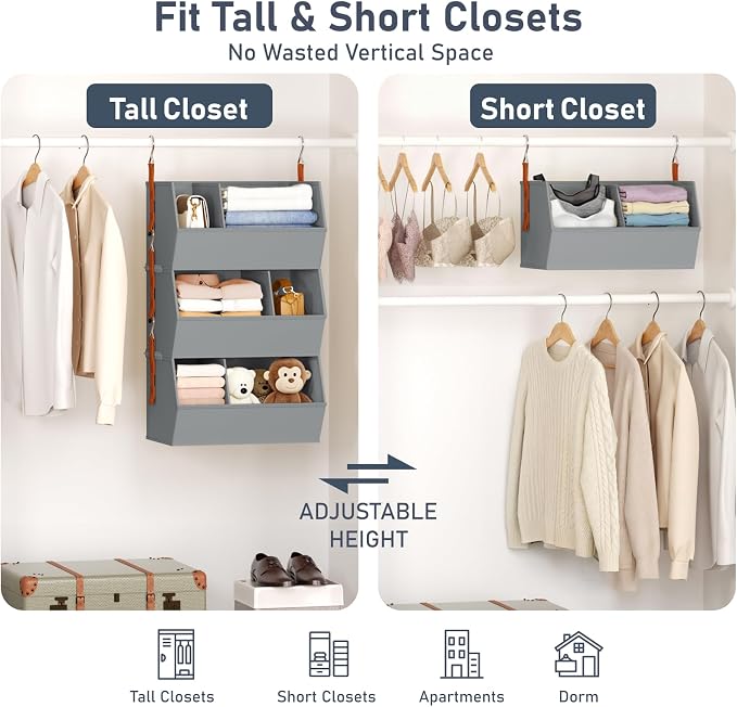 Hanging Closet Organizer Extra Large, Clothes Hanging Shelves for Closet with Divider, Collapsible Closet Storage System, Fabric Storage Bins for Home, Dorm, Rv, Sweaters, Handbags, Underwear, Sock