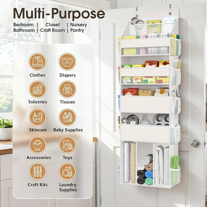 WISELIFE 5-Tier Over the Door Organizer for Hanging - 50LB Heavy-Duty Back of Door Organizer with 5 Spacious Pockets & 13 Mesh Pockets, Multipurpose Storage for Nursery, Bedroom, Closet(1 Pack, Beige)