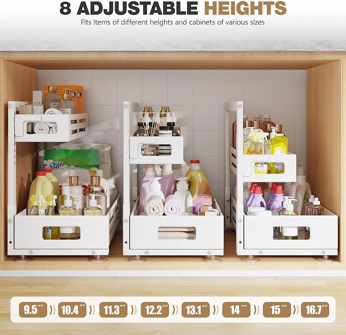 2 Pack 21IN-Depth Under Sink Organizer,Pull Out Cabinet Organizer With Smooth Cylindrical Rail,Metal Slide Out Drawer for Kitchen Bathroom Laundry,8-Level Tool Free Height Adjustable-White