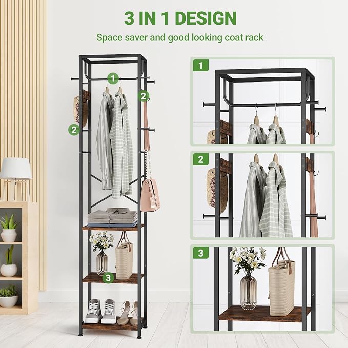 Coat Rack Freestanding, Hall Tree with 3 Shelves and 12 Hooks, Rustic Brown | Industrial Metal Frame, Space-Saving Design, Clothes Rack Stand Organizer for Bedroom, Hallway, Entryway, Office, Living Room