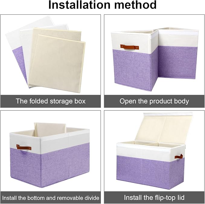 Large Toy Storage Box with Lid, Toy Chest Bin Boxes Basket with Dividers | Sturdy Toy Organizer Bin for Kids, Boys, Girls, Nursery, Living Room, Bedroom, Playroom 25"x13" x16" (Purple and White)