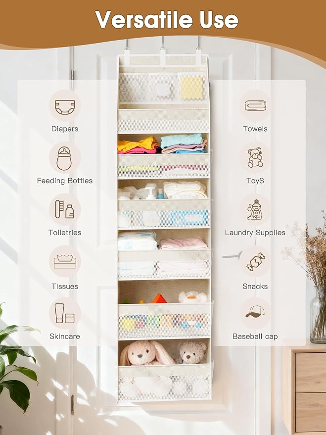 Criusia 2 Pack Over the Door Organizer, 6-Shelf Closet Hanging Storage with 13 Mesh Pockets, 55lbs Capacity Behind the Door Storage for Baby Nursery, Bathroom, Bedroom, and Dorm, Beige
