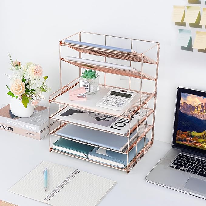 OPNICE Desk Organizers and Accessories, 6-Tier Letter Tray Paper Organizer, Desktop File Organizer, Office Desk Accessories for Office Supplies (Rose Gold)