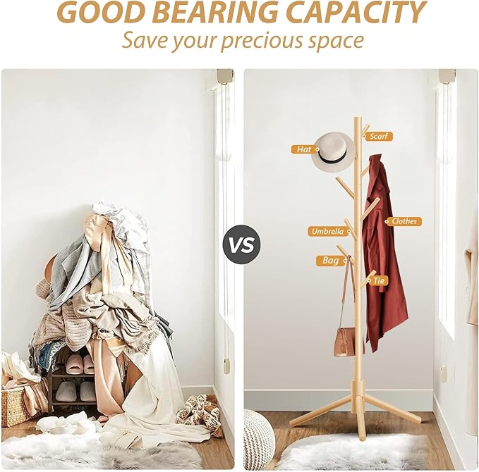 Unisakey 8-Hook Freestanding Wooden Coat Rack 3 Adjustable Heights Nature | Stable Triangular Base for Safety,Durable Construction,Simple Tool-Free Assembly,Ideal for Bedroom Hallway Office Entryway