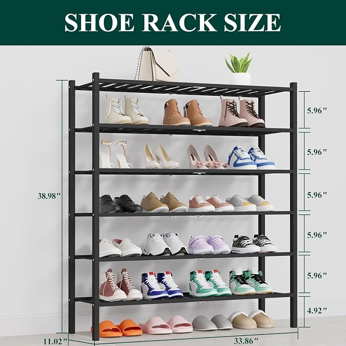 Smiry Bamboo Shoe Rack, 14 Vertical Slats, 6 Tier - 33.7" Wide, Black | Stackable Free Standing Wooden Shoe Organizer, Wood Shoe Storage Shelf for Closet, Entryway, Thicher Leg