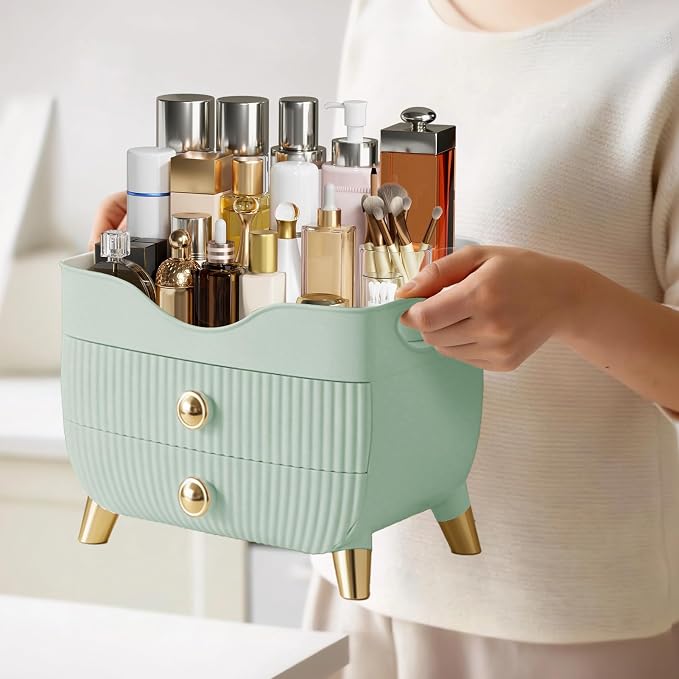 Makeup Organizer Countertop, Large Capacity Skincare Organizer for Vanity | Cosmetics Organizer with Drawes & Handle, Cosmetic Display Cases Storage Box for Dresser, Bathroom, Gifts for Women(Green)