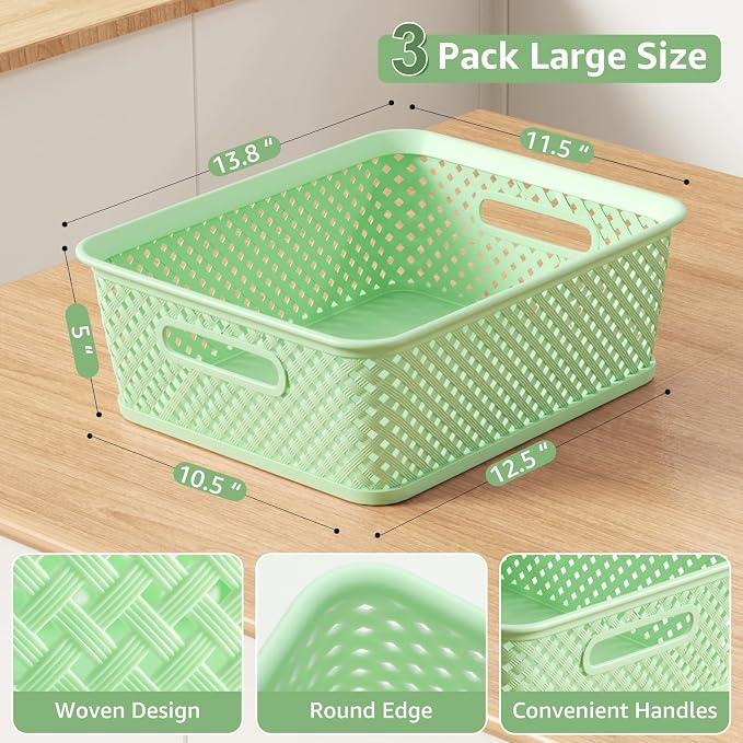 MaxGear 3 Pack Plastic Storage Baskets, Large, Green | Durable Woven Plastic with Built-In Handles, Suitable for Shelves, Closets, Cabinets, Bathrooms and Offices