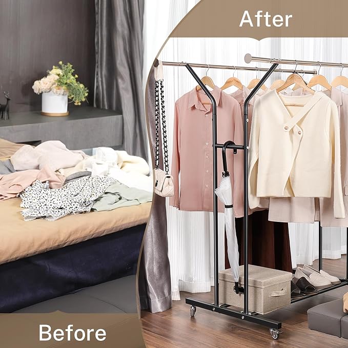 VICERII Clothing Rack, Heavy Duty Clothes Racks with Wheels and Bottom Shelf, 52.36’’ Metal Double Clothing Racks with Wheels, Wardrobe Rack for Hanging Clothes, Coats, Shirts, Skirts, Dresses, Black