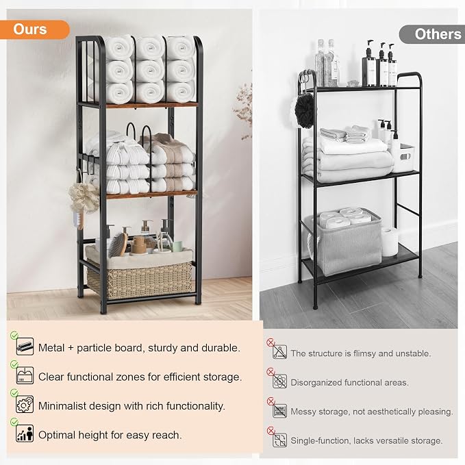Snughome Towel Rack Free Standing 3-Tier M-Shaped Detachable Dividers, Metal Towel Storage Shelf for Bathroom, Pool Towel Rack Holder, Space-Saving Storage Organizer, Modern Bath Towel Storage Holder
