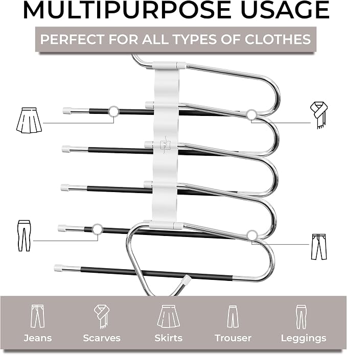 MORALVE Pants Hangers Space Saving - 4 Pack - Non-Slip Multi-Layer Space Saving Hangers - Multifunctional Clothing Rack for Closet Storage - Ideal for Jeans, Trousers, Skirts, Scarves & Slacks (White)
