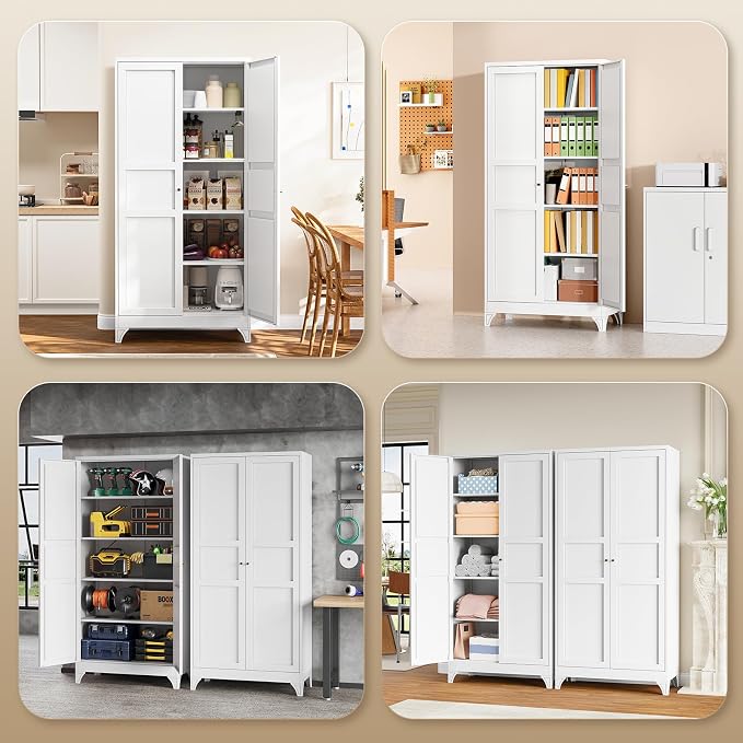 Yizosh Metal Storage Cabinet with 2 Doors and 4 Adjustable Shelves - 71" White Kitchen Pantry Storage 4-Tier Tall Steel Cabinets Locker for Kitchen, Living Room, Dining Room