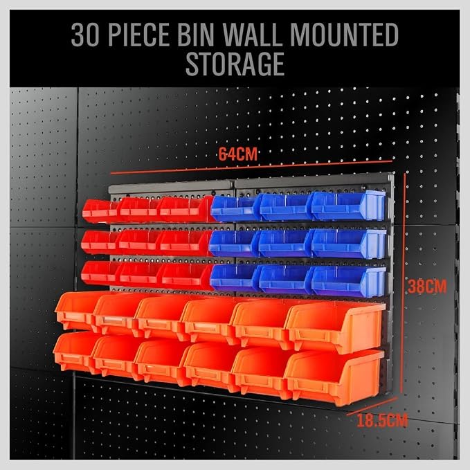 HORUSDY Wall Mounted Storage Bins Parts Rack 30PC Organizer Garage Plastic Shop Tool for Men's Gift, Blue,Orange,Red