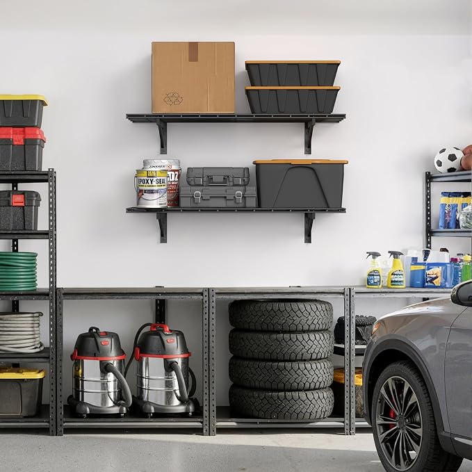 Jusgym 2 Pack Garage Shelving Wall Mounted, 1.5x4ft, 700LB Heavy Load | Wall Mounted Floating Design, 18"x96" Storage Rack, No Splice Seamless Structure, Rustproof Black Coating for Garage Workshop