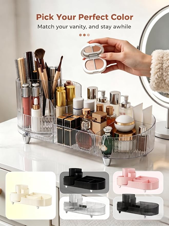 Booklov Rotating Makeup Organizer for Vanity Countertop, Clear | Clear Acrylic Cosmetic Display Case, Large Beauty Brush Holder for Bathroom Counter, Skincare Lipsticks Storage